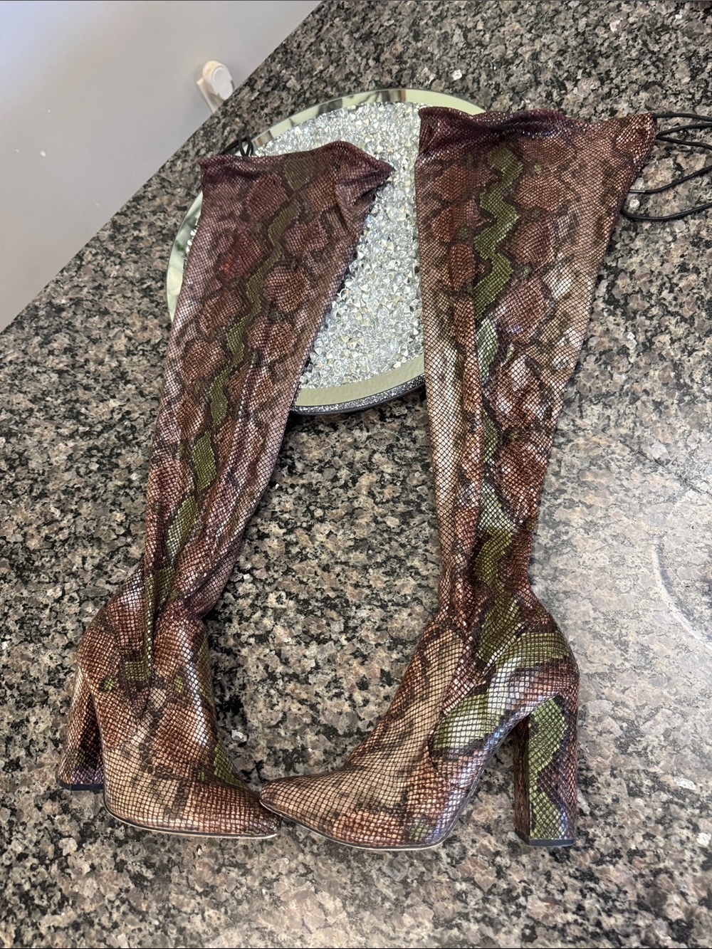 Shoe Dazzle Brown & Green Snake-Print Over-the-Knee Boots - Picture 6 of 13